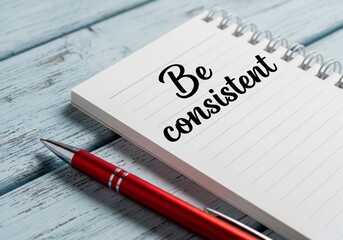 Phrase be consistent written on notebook with a pen.
