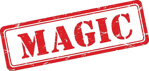 A vibrant red rectangular stamp boldly proclaims the word magic in large white stylized lettering isolated on a white background © nhpvect02