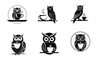 Obraz premium Silhouette illustration of an owl holding a cup of hot coffee on a white background, minimalist vector style.