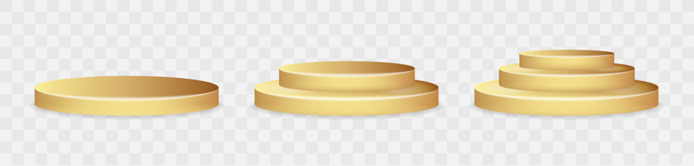 3D Gold Podium Vector Set &ndash; Premium Golden Round Pedestals, Circle Platform Stands, Award Stage Mockup and Luxury Product Display Showcase Isolated on Transparent Background