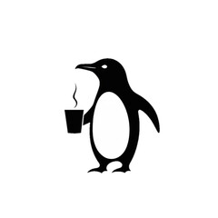 Fototapeta premium Silhouette illustration of a ghost penguin holding a cup of hot coffee on a white background, minimalist vector style.