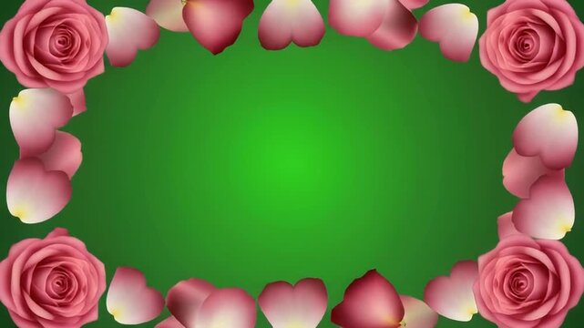 Romantic rose and heart frame on green screen background, floral love and valentine celebration decorative border illustration.