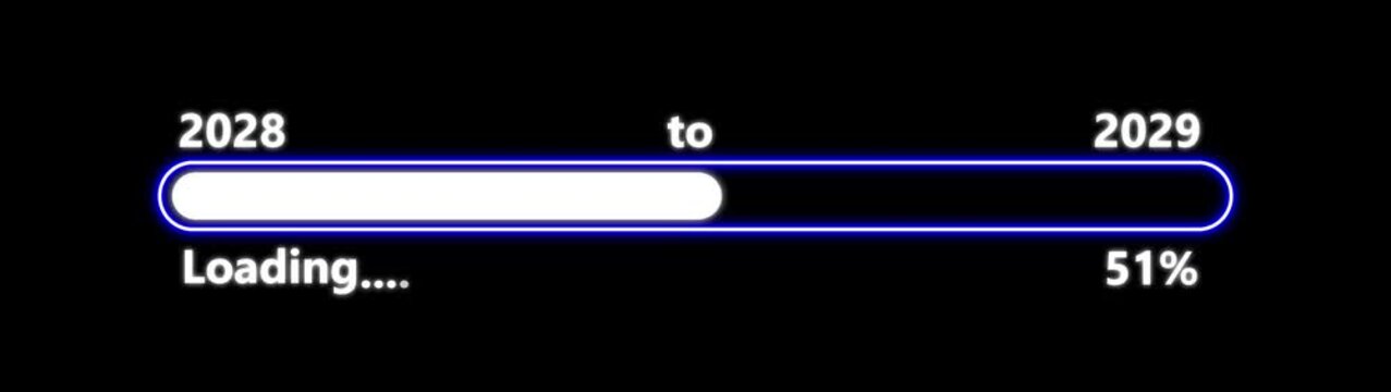 New year 2029 loading bar animation, Loading bar from 2028 to 2029 new year transfer animation. Almost reaching New Year on black background. Welcoming the happy new year 2029.