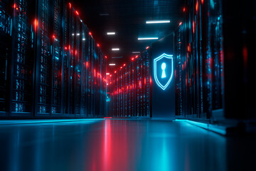 Futuristic IT data center with glowing blue and red lights and a digital lock shield icon representing cybersecurity, data protection, and secure cloud network infrastructure