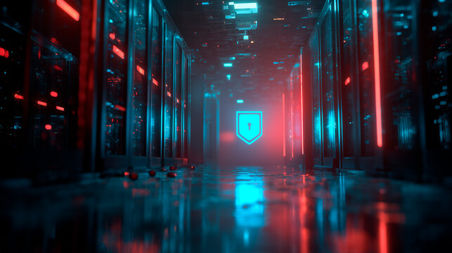 Futuristic IT data center with glowing blue and red lights and a digital lock shield icon representing cybersecurity, data protection, and secure cloud network infrastructure - Powered by Adobe