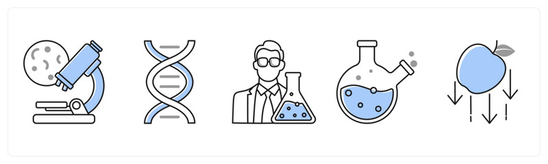 A set of 5 mix icons as microscope, dna, scientist in grey color