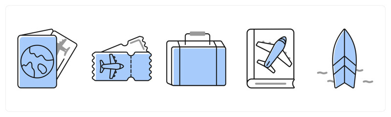 A set of 5 mix icons as passport, boarding pass, suitcase in grey color