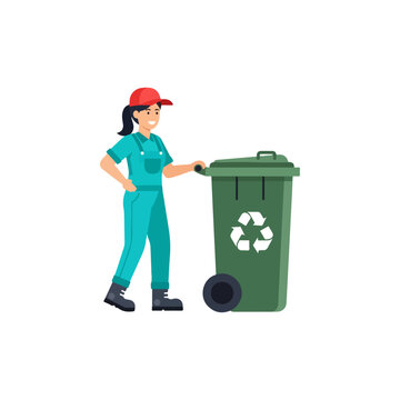 Female waste collector illustration, woman standing next to a green recycling bin, environmental care