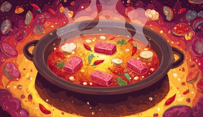 Animated illustration of a flavorful, steaming stew, garnished with spices and vegetables