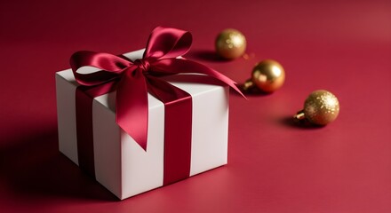 Obraz premium Gift Box with Maroon Ribbon and Golden Balls for Holiday Celebration