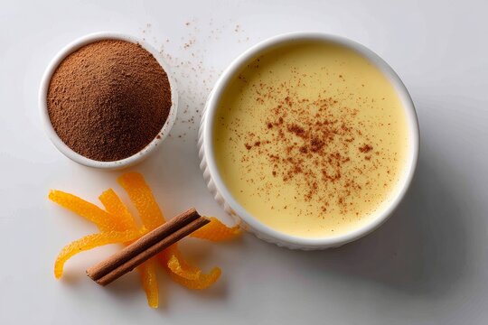 Natilla in white ceramic bowl topped with cinnamon, orange peel. Concept of warm, inviting dessert experience. Custard dessert creamy Spanish traditional flavors. 