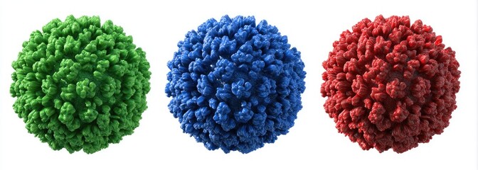 Three spherical viral forms green, blue, and red, on a white background
