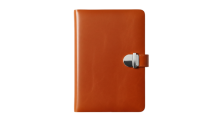 Orange leather journal with silver clasp isolated on a transparent background
