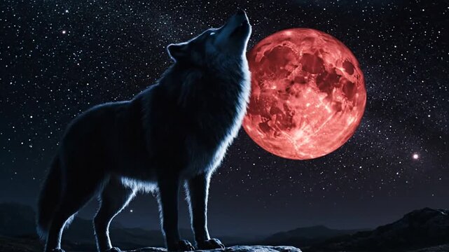 Wolf silhouette under a red moon
