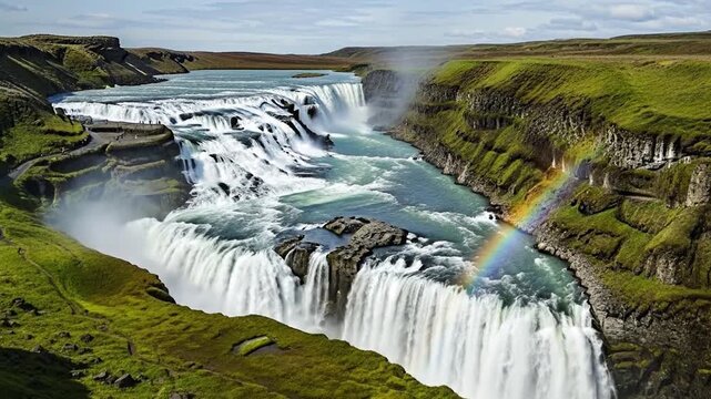 Mighty Gullfoss waterfall cascading down rugged basalt canyon