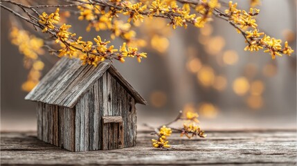 Miniature rustic wooden structure rests beneath blooming yellow branches with soft background lighting