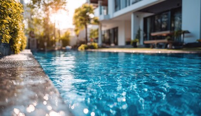 Close-up of a shimmering pool's edge with a blurred luxury home and foliage in background