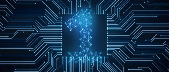 Low Poly Wireframe Number One with Glowing Neon Geometry, Futuristic Digital Mesh Structure, Abstract Polygonal Lines and Light Particles Forming Modern Technology Background Design. Panoramic video - Powered by Adobe