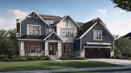 Large contemporary suburban dwelling displays varied siding materials and architectural detailing under clear skies