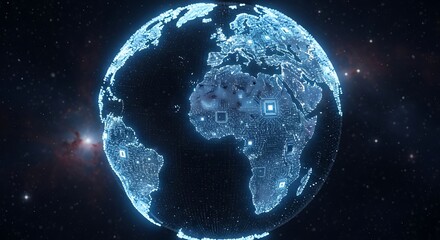 Blue digital Earth with circuit board pattern and stars