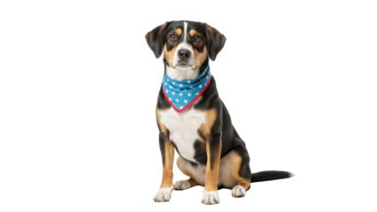 Cute tricolor dog wearing blue stars and stripes bandana, sitting isolated PNG with Transparent Background