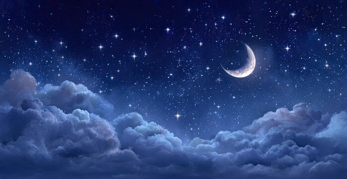 Night sky with a crescent moon peeking through fluffy clouds; star-filled expanse
