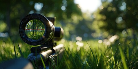 Close-up of a rifle scope, with reticle focused on a grassy field in sunlight