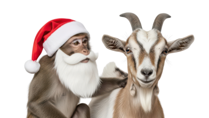 Cute Monkey in Santa Costume with a Goat Looking at Camera isolated PNG with Transparent Background