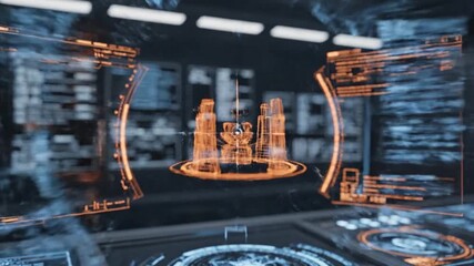 A futuristic interface with a digital cityscape target, surrounded by data displays and circular elements - Powered by Adobe