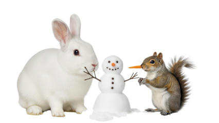 Cute white rabbit and squirrel decorating a tiny snowman with a carrot nose isolated PNG with Transparent Background
