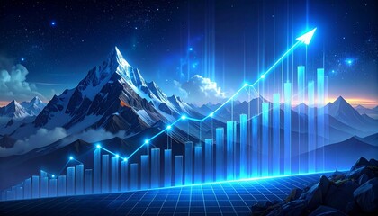 A glowing blue bar and line graph rise over a digital grid and city silhouette, symbolizing futuristic data growth, financial success, and visionary progress under a starry tech-infused sky.