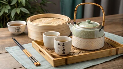 A traditional chinese tea set with a ceramic teapot and bamboo steamer basket on a wooden table