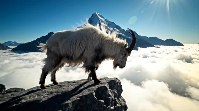 Majestic Mountain Goat on Rocky Peak Above Clouds with Sunny Sky