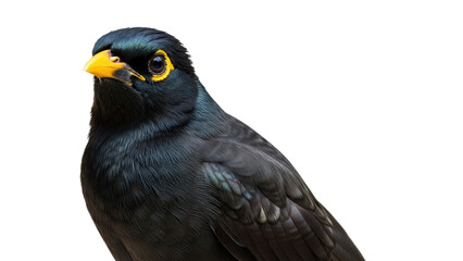 Close-up portrait of a black Myna bird with vibrant yellow beak and eye ring isolated PNG with Transparent Background