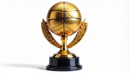 A golden basketball trophy with laurel-like wings stands on a black base, symbolizing victory, excellence, and championship glory in a sleek, stylized tribute to athletic achievement.