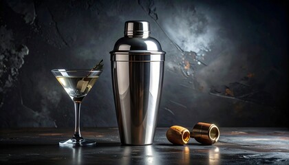 A martini glass with green olives and a steel shaker rest on a dark textured surface, evoking sophistication, mixology, and the allure of classic cocktails in an elegant, moody setting.