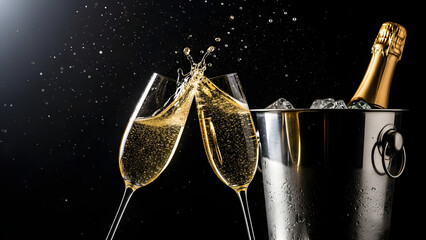 Champagne glasses clinking with ice bucket and bottle nearby sparkling