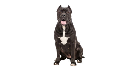 Obraz premium Black Cane Corso Dog Sitting with White Chest Patch and Open Mouth Looking at Camera isolated PNG with Transparent Background