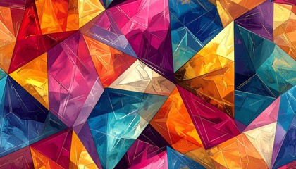 Vibrant abstract image showcasing a mosaic of colorful, geometric crystalline forms. Light catches each faceted plane, creating visual depth