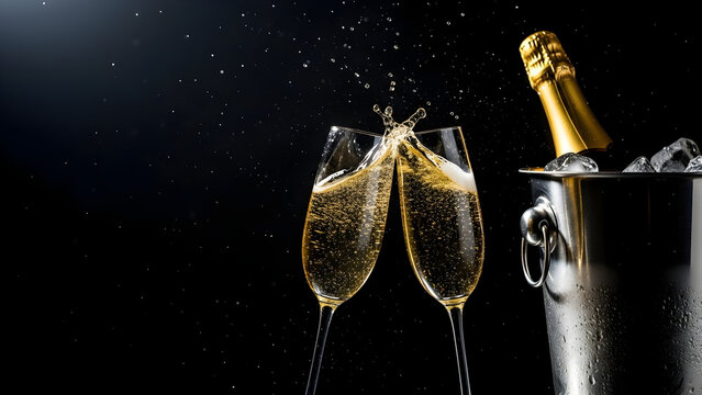 Champagne glasses clinking with bottle in ice bucket on black background