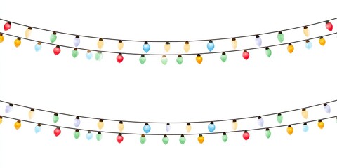 Two strands of colorful fairy lights, strung horizontally, with a white background