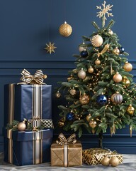 Luxurious Christmas Scene Featuring Navy Blue Gift Boxes Under a Beautiful Fir Tree, Holiday Cheer