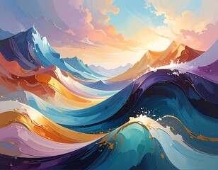 Vibrant abstract landscape features colorful rolling mountains and waves under a glowing sunset sky with fluffy clouds