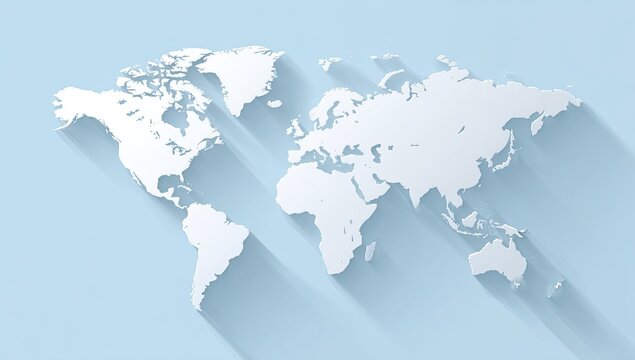 White world map cut out casting a long shadow on a light blue background