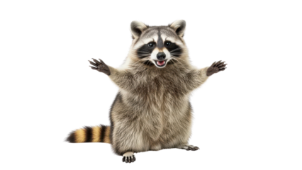 Cute Raccoon standing with arms wide open and cheerful expression isolated PNG with Transparent Background