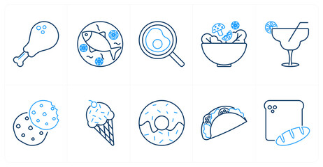 A set of 10 mix icons as chicken leg, fish dish, omlette