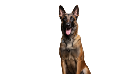 Alert Belgian Malinois dog with chain collar sitting, looking at camera with tongue out isolated PNG with Transparent Background