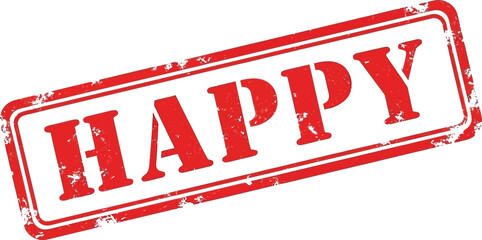 A vibrant red rectangular stamp displaying the word happy in bold white letters emphasizing positivity