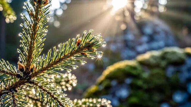 Sunlight filtering through a pine tree branch with dew drops in a forest.