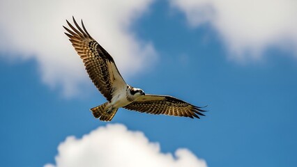 Obraz premium Osprey flying in clear blue sky.